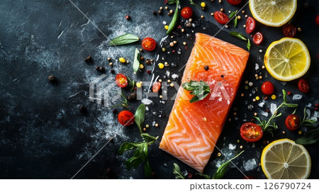 Raw Salmon Fillet with Lemon and Herbs on Dark Background Raw Salmon Fillet with Lemon and Herbs on Dark Background 126790724