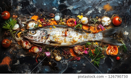 Roasted Fish with Herbs and Vegetables on Dark Background Roasted Fish with Herbs and Vegetables on Dark Background 126790730