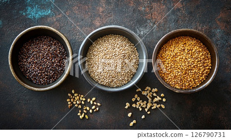 Three Bowls of Various Grains and Seeds on Dark Background Three Bowls of Various Grains and Seeds on Dark Background 126790731