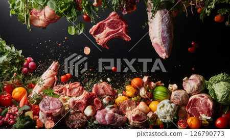 Raw Meat and Fresh Vegetables Falling on Dark Background 126790773