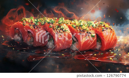 Seared Salmon Sushi Rolls with Spicy Flamed Garnish 126790774