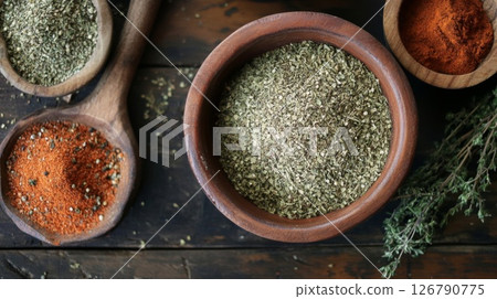 Variety of Spices and Herbs in Bowls on Wooden Table 126790775