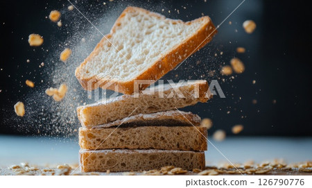 Levitation Toast and Cereal Pieces, Dark Background 126790776