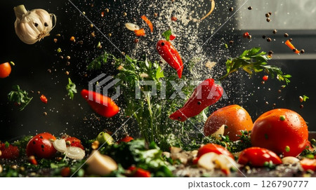 Red Peppers and Tomatoes Suspended in Air with Spices 126790777