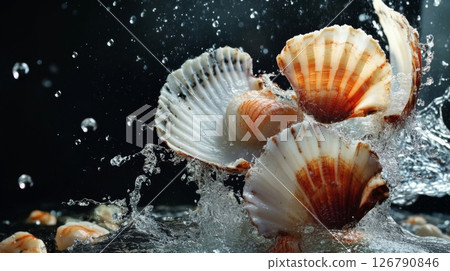 Scallops Splashing in Water, Dark Background 126790846