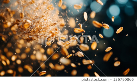 Flying Oatmeal Grains Burst Against Dark Background 126790866