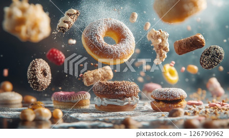 Flying Donuts and Pastries in Dark Setting 126790962