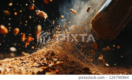 Brown Spice Powder Falling on Dark Background 126790964