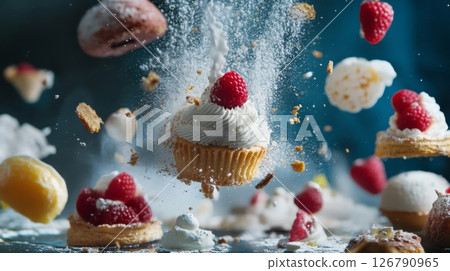 Flying Cupcake with Raspberries and Cream in Dark Blue Background 126790965