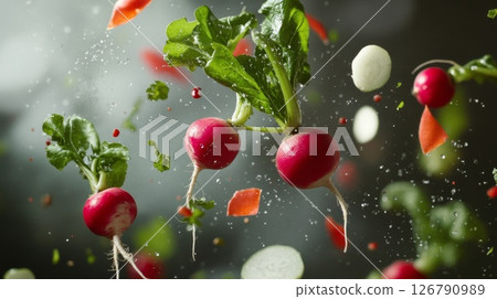 Red Radishes and Greens Suspended in Air 126790989