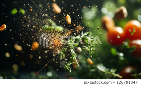 Vibrant Food Photography: Spices Exploding with Herbs and Tomatoes 126791047