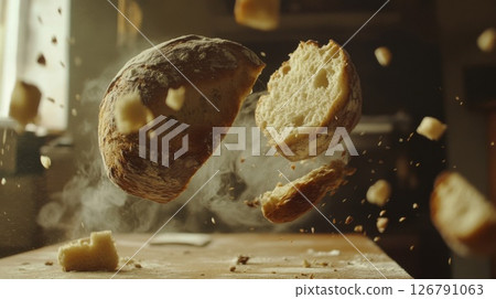 Rustic Brown Loaf of Bread Exploding Mid Air Rustic Brown Loaf of Bread Exploding Mid Air 126791063