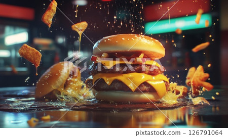 Double Cheeseburger with Crispy Fries in Dynamic Shot Double Cheeseburger with Crispy Fries in Dynamic Shot 126791064