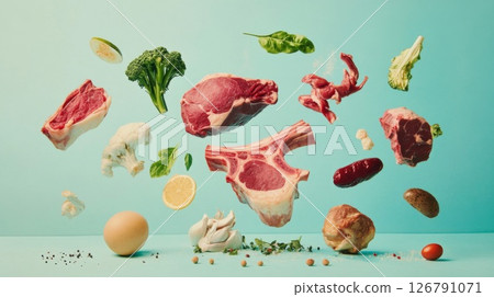 Floating Meat and Vegetables on Blue Background 126791071