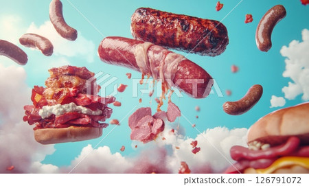 Floating Sausages and Burgers in a Whimsical Sky 126791072