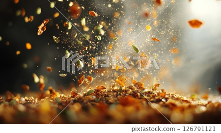 Golden Spices and Herbs Exploding in Air 126791121