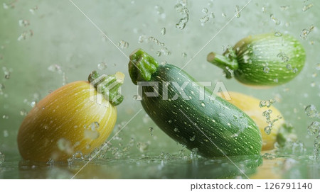 Three Vibrant Zucchinis Splashing in Water 126791140