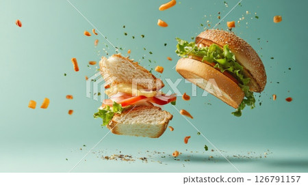 Two Juicy Burgers in Flight with Sesame Seed Buns and Toppings Against Light Green Two Juicy Burgers in Flight with Sesame Seed Buns and Toppings Against Light Green 126791157