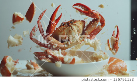 Red Crab Splashing into Creamy Sauce in White Bowl 126791158