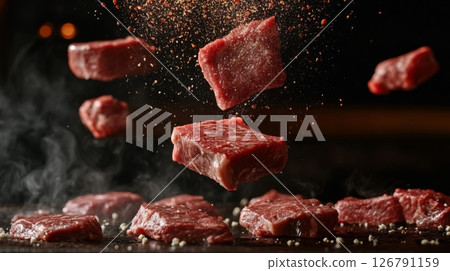 Red Beef Cubes Levitating Above Dark Surface 126791159