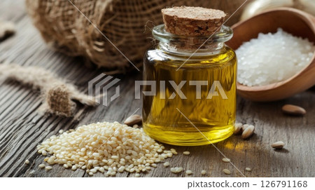 Golden Sesame Oil in Glass Bottle on Wooden Table Golden Sesame Oil in Glass Bottle on Wooden Table 126791168