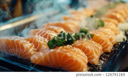 Closeup Steaming Fresh Salmon Sashimi on Dark Tray Closeup Steaming Fresh Salmon Sashimi on Dark Tray 126791169