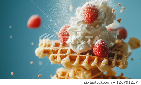 Stacked Waffles with Whipped Cream and Raspberries 126791217