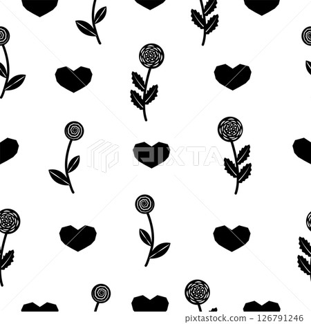 Flowers and hearts, black and white seamless pattern Flowers and hearts, black and white seamless pattern 126791246