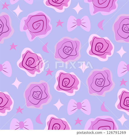 Pink roses and bows on blue background, seamless pattern 126791269