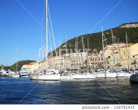 Sea view with boats and beautiful yachts . Corsica. French island. Port Bonifacio. 126791435