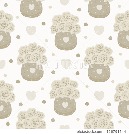 Beige roses in vases on light beige background, seamless pattern 126791544