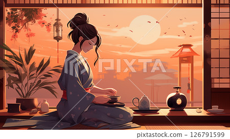 A woman drinking tea in a Japanese-style room in the evening A woman drinking tea in a Japanese-style room in the evening 126791599