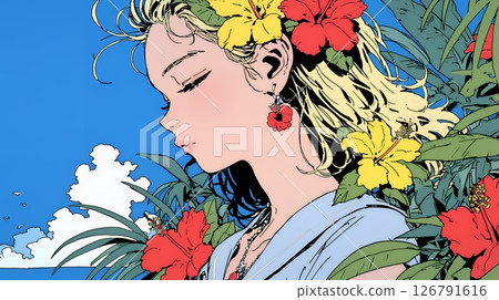 年輕女子與芙蓉 126791616