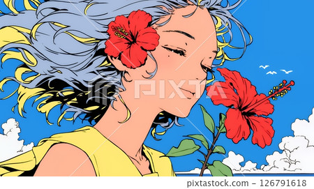 Young woman with hibiscus 126791618