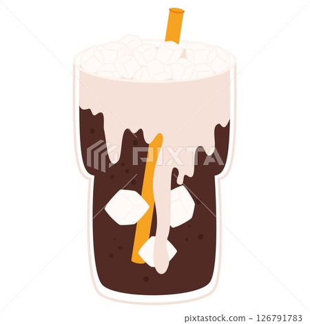 Iced dark soda with whipped cream and orange straw in tall glass isolated on white 126791783