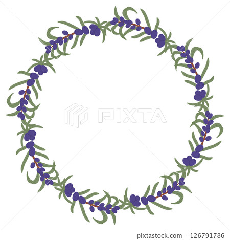Elegant Hand-Drawn Botanical Wreath with Purple Berries and Green Leaves in a Natural Decorative Design. 126791786
