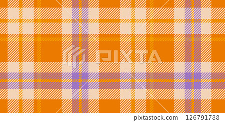 Seamless orange, beige, and purple plaid pattern with bold diagonal striped details. Geometric textile design for backgrounds and print 126791788