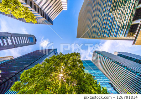 日本東京城市景觀。新鮮的綠色植物和透過樹木的陽光......大手町。大手町廣場和 Urbannet 大手町大廈景觀 126791814