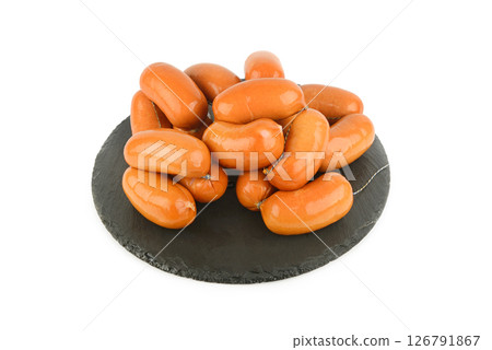 Meat sausages isolated on white. Meat sausages isolated on white. 126791867