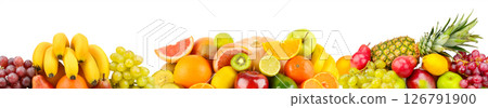 Different fruits isolated on white background. Glass skinali. Free space for text. Wide photo. 126791900