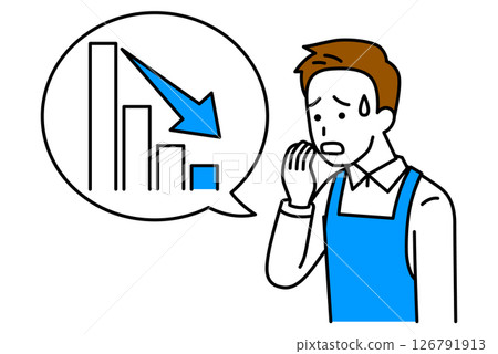 A man in an apron looking upset with a falling graph 126791913