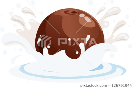 Tasty chocolate ball surrounded by milk splash. Bright and soft design with playful elements. Minimal look, great for posters, ads, or digital content. Tasty chocolate ball surrounded by milk splash. Bright and soft design with playful elements. Minimal look, great for posters, ads, or digital content. 126791944
