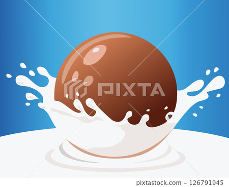 Chocolate ball splashing in milk with smooth curves and clean lines. A modern flat design with soft highlights and blue background. Simple and playful food art with space for text. 126791945