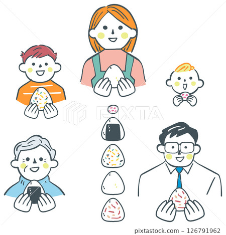Itadakimasu - A family holding rice balls and rice balls with various ingredients - Stock illustration material 126791962