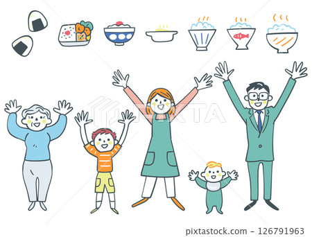 Itadakimasu - Delicious rice and a cheering family - Set stock illustration material 126791963