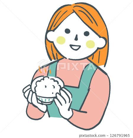 Itadakimasu:一位家庭主婦手捧一碗剛煮好的米。庫存插圖素材 Itadakimasu:一位家庭主婦手捧一碗剛煮好的米。庫存插圖素材 126791965