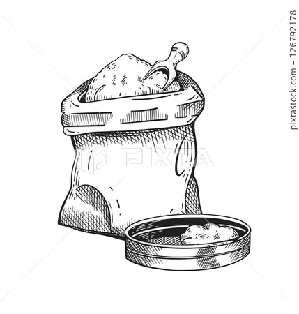 Bag of flour and wooden scoop, sieve for sifting flour. Vector illustration. Suitable for printing on food packaging, wrapping paper, bakery design Bag of flour and wooden scoop, sieve for sifting flour. Vector illustration. Suitable for printing on food packaging, wrapping paper, bakery design 126792178