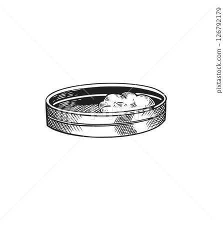 Sieve for sifting flour, hand drawn in vector in dark gray color. Vector illustration. Suitable for printing on fabric, paper, for food packaging design, bakery design Sieve for sifting flour, hand drawn in vector in dark gray color. Vector illustration. Suitable for printing on fabric, paper, for food packaging design, bakery design 126792179