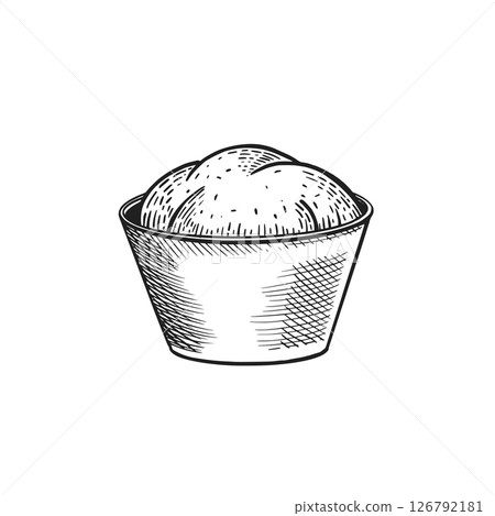 Deep bowl with yeast dough, hand drawn in vector. Vector illustration. Suitable for printing on fabric, paper, for product packaging design and bakery design Deep bowl with yeast dough, hand drawn in vector. Vector illustration. Suitable for printing on fabric, paper, for product packaging design and bakery design 126792181