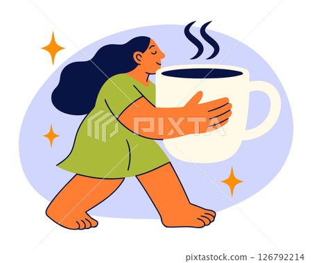 Woman Sipping from Oversized Coffee Mug with Steam 126792214